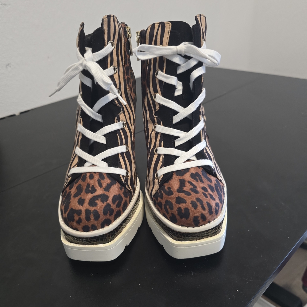 Leopard & Zebra Print High-Top Lace-Up Platform Sneakers - Brown/Black